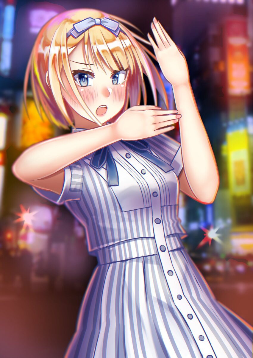 1girl 22/7 absurdres blonde_hair blue_bow blue_eyes blue_hairband blue_ribbon blurry blush bow bow_hairband commentary_request cowboy_shot dancing depth_of_field dress hair_bow hairband highres looking_at_viewer neck_ribbon open_mouth outdoors ribbon rikaisha road saito_nicole short_hair short_sleeves solo street striped_clothes striped_dress teeth upper_teeth_only vertical-striped_clothes vertical-striped_dress zaki_(loud_factory)