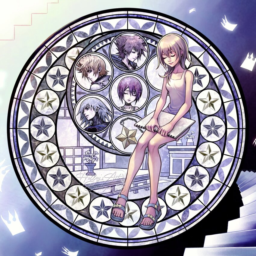 1girl blonde_hair blue_eyes blue_sandals brown_hair closed_eyes closed_mouth commentary dive_to_the_heart dress english_commentary grey_hair hair_between_eyes highres holding holding_notebook hollypolllyy invisible_chair kairi_(kingdom_hearts) kingdom_hearts kingdom_hearts_ii lips long_hair namine notebook pink_lips pointy_hair profile riku_replica roxas sandals signature sitting sleeveless sleeveless_dress smile solo sora_(kingdom_hearts) stained_glass stairs toes white_dress