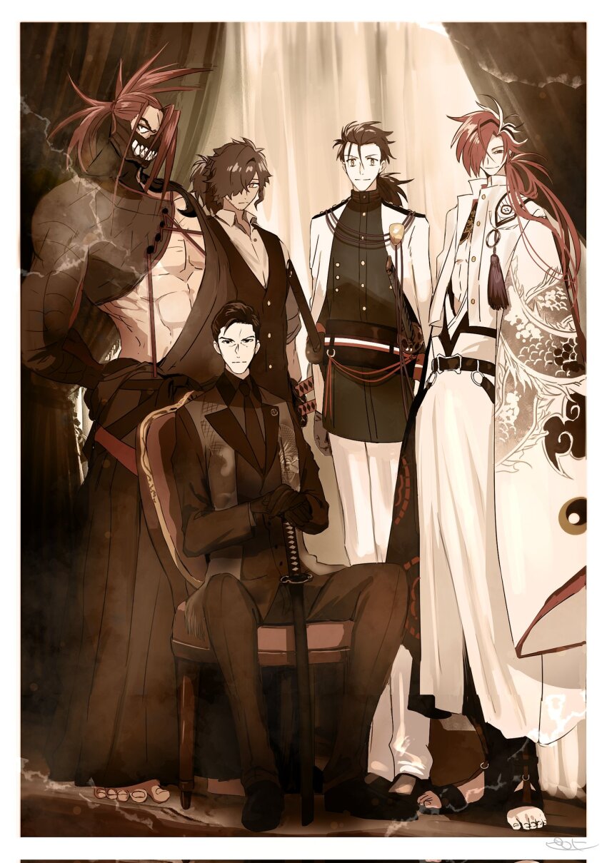 5boys :| abs barefoot belt black_belt black_eyes black_footwear black_gloves black_hair black_hakama black_jacket black_kimono black_necktie black_pants black_shirt black_suit black_vest border chair closed_mouth collared_shirt curtains dragon_print facial_hair fate/grand_order fate_(series) formal_clothes full_body gloves hadanugi_dousa hair_over_one_eye hair_slicked_back hakama hands_on_hilt highres igote jacket jacket_on_shoulders japanese_clothes katana kimono long_hair looking_at_viewer low_ponytail male_focus mask mouth_mask multicolored_hair multiple_boys muscular muscular_male necktie okada_izou_(fate) okada_izou_(i&#039;m_one_dapping_fella)_(fate) open_clothes open_collar open_kimono pants pectoral_cleavage pectorals pirohi_(pirohi214) ponytail red_eyes red_hair sakamoto_ryouma_(fate) sakamoto_ryouma_(lancer)_(fate) sandals sepia sharp_teeth sheath sheathed shirt shoes short_hair sideways_glance sitting sleeves_rolled_up smile spiked_hair standing stole streaked_hair stubble suit sword takasugi_shinsaku_(fate) takechi_zuizan_(fate) tanaka_shinbei_(fate) teeth vest weapon white_border white_hair white_hakama white_jacket white_kimono white_pants wide_sleeves wrinkled_skin yellow_eyes