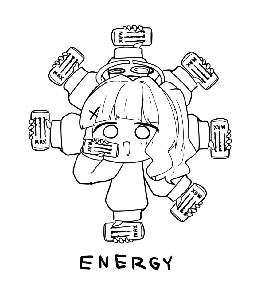 1girl :d blue_archive can commentary death_momoi_(meme) drink_can drinking energy_drink english_text hair_intakes hair_ornament hairclip halo hand_up hare_(blue_archive) high_ponytail highres holding holding_can kuroshiro1011 long_hair long_sleeves meme monochrome monster_energy open_mouth ponytail sidelocks simple_background smile solo white_background