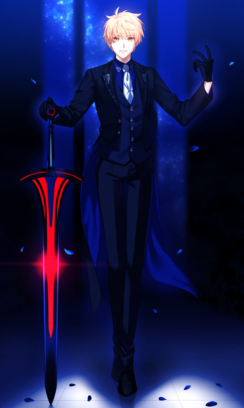 1boy absurdres alternate_costume arthur_pendragon_(fate) arthur_pendragon_alter_(fate) black_coat black_gloves black_pants blonde_hair blue_shirt blue_vest coat coattails collared_shirt excalibur_(fate/prototype) falling_petals fate/prototype fate_(series) formal_clothes full_body gloves grin hand_on_hilt hand_up highres holding holding_sword holding_weapon lapels long_sleeves looking_at_viewer male_focus necktie notched_lapels open_clothes open_coat pants petals seseragi_azuma shirt short_hair smile solo standing suit sword vest weapon white_necktie wing_collar yellow_eyes