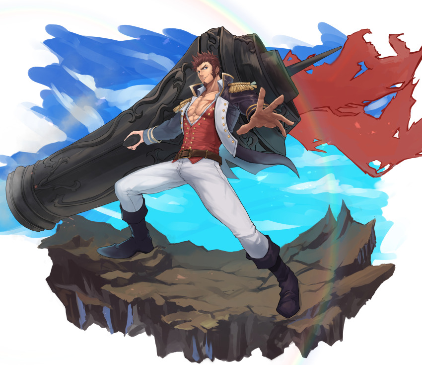 1boy absurdres bara blue_eyes brown_hair epaulettes facial_hair fate/grand_order fate_(series) goatee highres large_pectorals long_sideburns looking_at_viewer male_focus muscular muscular_male napoleon_bonaparte_(fate) open_clothes pectorals ryuei_tachibana short_hair sideburns smile solo standing