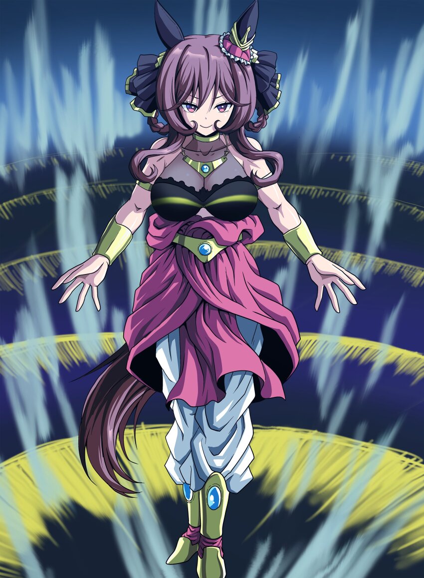 1girl absurdres animal_ears aura boots bracer breasts broly_(dragon_ball_z) broly_(dragon_ball_z)_(cosplay) brown_eyes brown_hair closed_mouth commentary cosplay dragon_ball dragonball_z ear_ornament full_body gentildonna_(umamusume) gorget hair_ornament halterneck highres horse_ears horse_girl horse_tail kamishima_kanon large_breasts legendary_super_saiyan long_hair looking_at_viewer pants red_tunic smile solo standing super_saiyan tail tunic umamusume white_pants yellow_boots