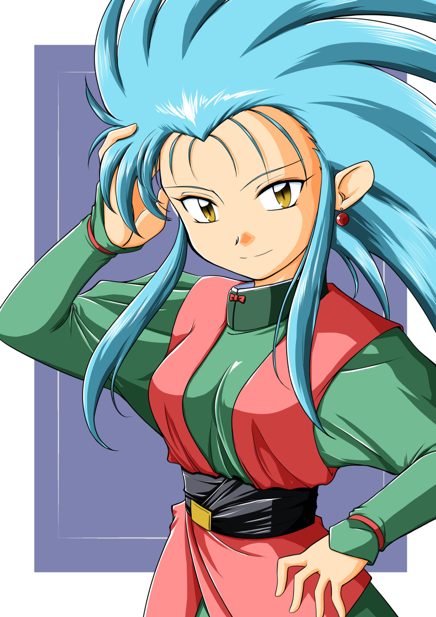 1girl absurdres aqua_hair black_sash blue_background bonsichi border bracelet dress earrings green_dress hand_in_own_hair hand_on_own_hip highres jewelry light_smile long_hair looking_at_viewer outside_border pointy_ears puffy_sleeves ryouko_(tenchi_muyou!) sash shirt sidelocks solo spiked_hair tenchi_muyou! white_border yellow_eyes
