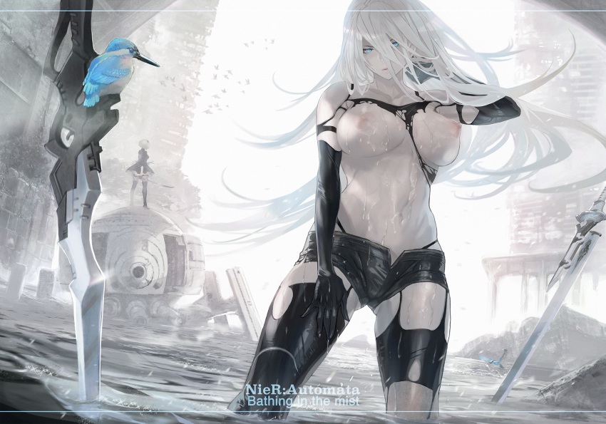 2b_(nier:automata) 2girls a2_(nier:automata) alternate_breast_size android backlighting bird black_shorts blue_eyes breasts copyright_name covered_erect_nipples day duplicate english_text floating_hair hand_in_own_hair highres kingfisher large_breasts lens_flare long_hair machine_(nier) maeshima_shigeki mole mole_under_mouth multiple_girls navel nier:automata nier_(series) nipples photoshop_(medium) pixel-perfect_duplicate planted planted_sword planted_weapon post-apocalypse robot shorts silver_hair solo_focus sword taut_clothes topless_female torn_clothes type-4o_sword virtuous_contract virtuous_treaty wading water weapon wet