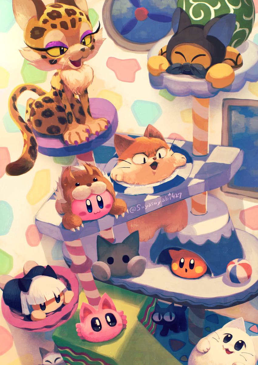 :3 :o absurdres animal_costume animal_kirby artist_name ball blue_eyes blush blush_stickers cat cat_tower character_request clawroline claws closed_eyes closed_mouth copy_ability dog_costume full_body highres indoors keke_(kirby) kirby kirby&#039;s_dream_land kirby&#039;s_dream_land_3 kirby&#039;s_pinball_land kirby_(series) kirby_64 kirby_and_the_forgotten_land leopard n-z nago_(kirby) nintendo no_humans open_mouth scarfy shiro_(kirby) sitting smile suyasuyabi tac_(kirby) trait_connection twitter_username whiskers_(kirby) window yellow_eyes
