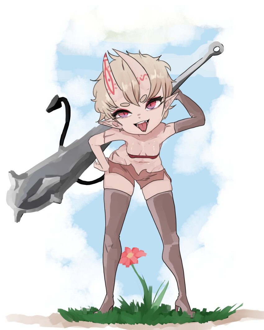 1girl blue_background boots breasts brown_hair brown_shorts club club_(weapon) commentary demon_girl demon_tail elbow_gloves english_commentary flower forked_tongue full_body gloves grass grey_boots grey_gloves highres horn_tattoo horns leaning_forward looking_at_viewer open_mouth original outdoors pink_flower pointy_ears red_eyes scar scar_on_hip scar_on_shoulder short_hair short_shorts shorts single_elbow_glove skin-covered_horns small_breasts smile solo spiked_club tail thick_eyebrows thigh_boots tongue tongue_out weapon weeze