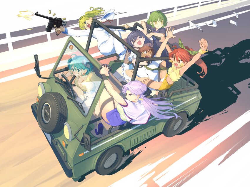 ahoge black_dress black_gloves black_hair blonde_hair blue_eyes blue_hair bracelet brass_knuckles breasts brown_hair camouflage_ribbon casing_ejection cigarette cleavage closed_eyes commentary_request crying curtained_hair dress driving drooling earrings eiko_rando fedora firing floating_hair flying_paper formal_clothes from_above furrowed_brow geobreeders gloves gold_bracelet green_hair green_necktie green_ribbon green_shirt grin gun hair_ribbon handgun hat head_tilt headlock high_heels highres highway himehagi_yuu holding holding_gun holding_weapon jacket jewelry kikushima_yuka large_breasts leaning_out_of_window leg_lock long_hair long_sleeves looking_ahead looking_back maki_umezaki mamorunokoto mauser_c96 maya_(geobreeders) medium_breasts microskirt midriff military_jeep miniskirt motor_vehicle mouth_hold multiple_girls muzzle_flash navel necktie open_mouth panties pants paper partially_unbuttoned pencil_skirt pleated_skirt ponytail purple_eyes purple_hair purple_jacket purple_skirt railing raised_fist reaching red_eyes red_hair ribbon sakuragi_takami shadow shell_casing shirt short_hair short_sleeves skirt smile smoking spare_tire spread_legs suit taba_youichi teeth tied_shirt underwear unused_tire unworn_headwear v-shaped_eyebrows weapon white_hat white_jacket white_panties white_pants white_shirt white_skirt white_suit wide-eyed yellow_eyes yellow_shirt yellow_skirt