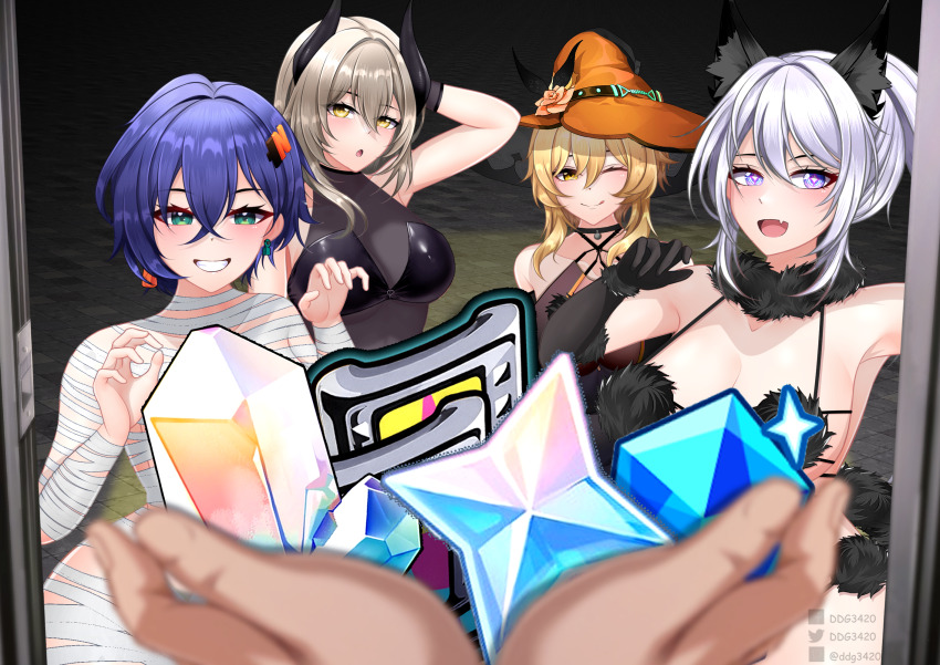 1other 4girls :d ;) ;q bandages bare_shoulders belle_(zenless_zone_zero) black_bodysuit black_choker black_gloves blonde_hair blue_hair bodysuit breasts choker claw_pose d.d.g_(ddg3420) fake_horns fang feet_out_of_frame fur_collar genshin_impact gloves green_eyes grey_hair grin hair_between_eyes hair_ornament hairclip halterneck hat highres honkai:_star_rail honkai_(series) honkai_impact_3rd horns kiana_kaslana large_breasts looking_at_viewer lumine_(genshin_impact) mihoyo multiple_girls mummy_costume o-ring one_eye_closed open_mouth orange_hat polychrome_(zenless_zone_zero) pom_pom_(clothes) pov primogem purple_eyes short_hair smile standing stellar_jade stelle_(honkai:_star_rail) tongue tongue_out trailblazer_(honkai:_star_rail) white_hair witch_hat yellow_eyes zenless_zone_zero
