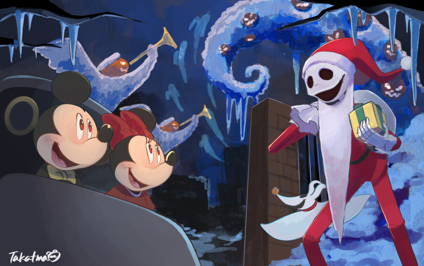 3boys animal_ears bow company_connection gamorangetana gloves hair_bow highres jack_skellington jacket long_sleeves male_focus mickey_mouse mickey_mouse_&amp;_friends minnie_mouse mouse_ears mouse_girl multiple_boys open_mouth santa_costume skeleton skull smile the_nightmare_before_christmas undead white_gloves zero_(nbc)