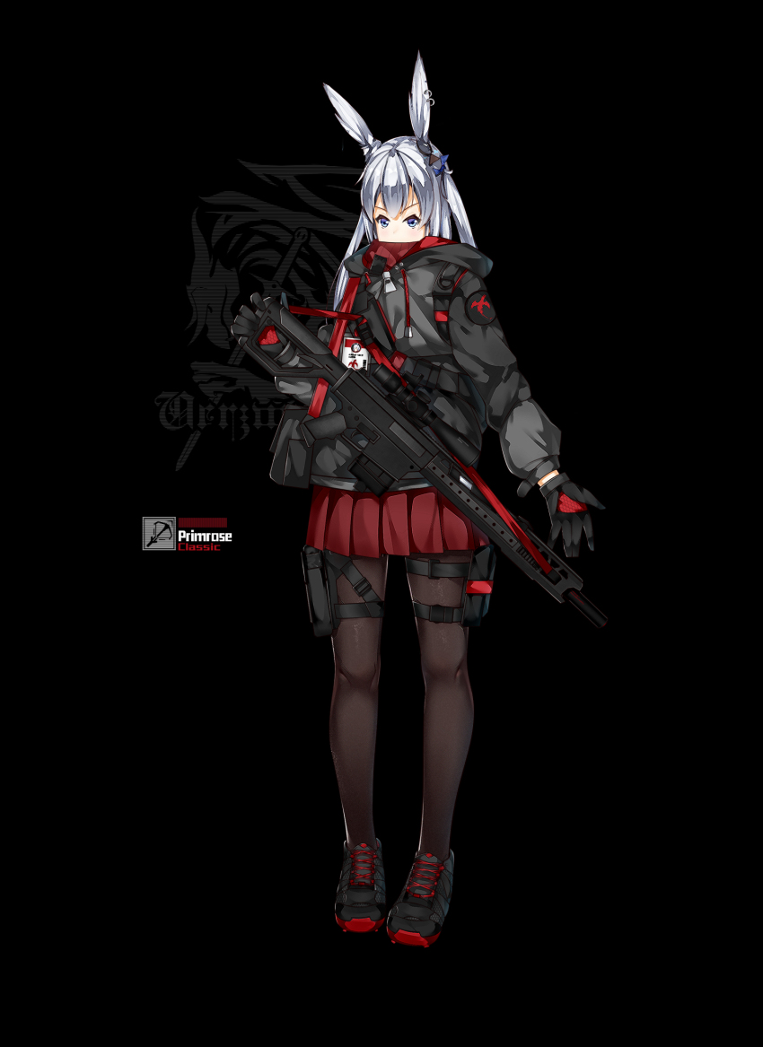 1girl animal_ears anti-materiel_rifle ar-10 arknights bad_id bad_pixiv_id barrett_m82 battle_rifle black_background blue_eyes commentary ear_piercing female_focus gloves gun handgun highres holster holstered id_card jacket original pantyhose piercing pistol rifle scope silver_hair sniper_rifle solo twintails weapon weapon_request yakumo_ling