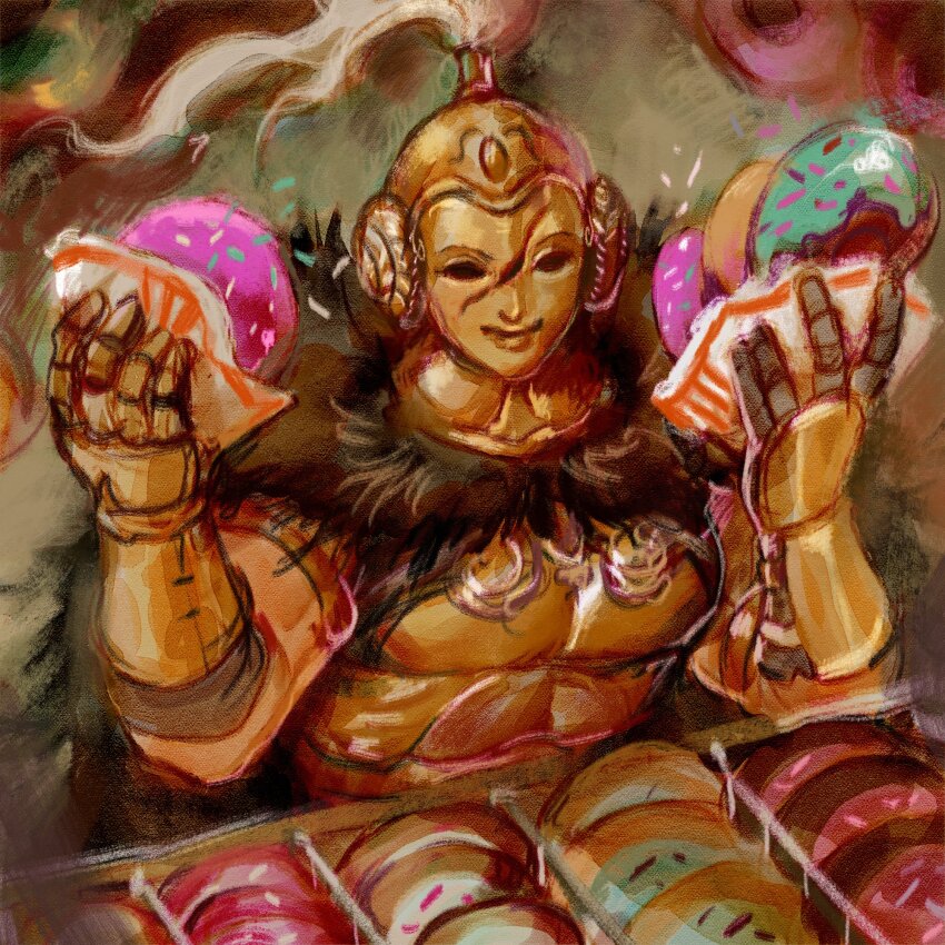 1girl armor black_cape breastplate cape donut elden_ring elden_ring:_shadow_of_the_erdtree food fur_cape gauntlets gold_armor hands_up helmet highres holding holding_food looking_at_viewer mask nightmaresyrup plume redmane_freyja short_sleeves solo upper_body