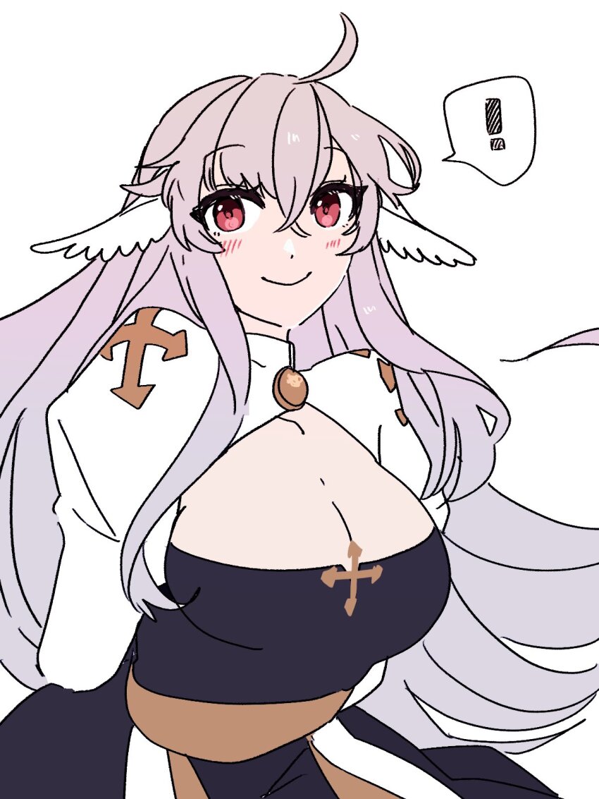 ! 1girl ahoge arch_bishop_(ragnarok_online) black_dress blush breasts brown_sash cleavage cleavage_cutout closed_mouth clothing_cutout commentary_request cross crossed_bangs datenshi_no_fu dress feathered_wings grey_hair head_wings highres juliet_sleeves large_breasts long_hair long_sleeves looking_at_viewer puffy_sleeves ragnarok_masters ragnarok_online red_eyes simple_background smile solo spoken_exclamation_mark two-tone_dress upper_body very_long_hair white_background white_dress white_wings wings