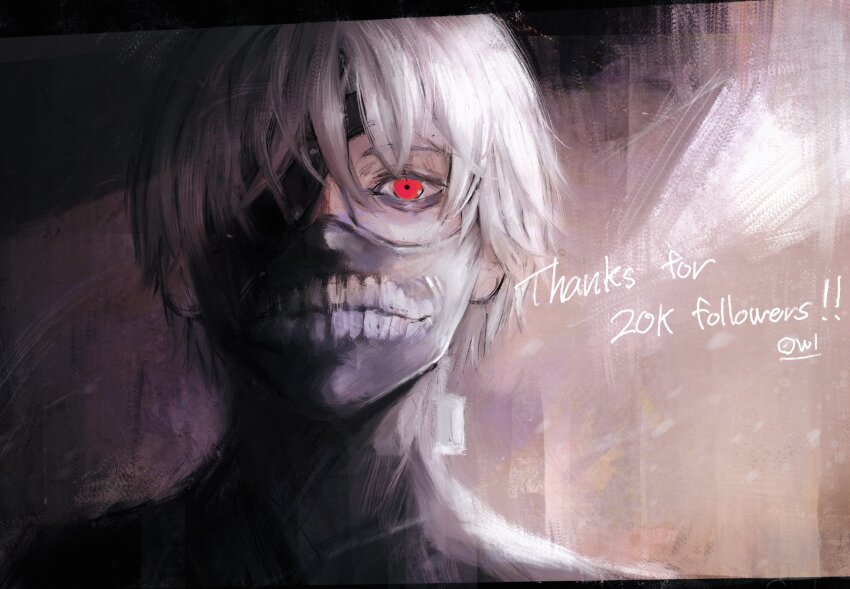 1boy absurdres colorful_background grey_hair highres kaneki_ken looking_at_viewer male_focus mask mouth_mask portrait red_eyes short_hair solo tokyo_ghoul xa8uofivf2mcart