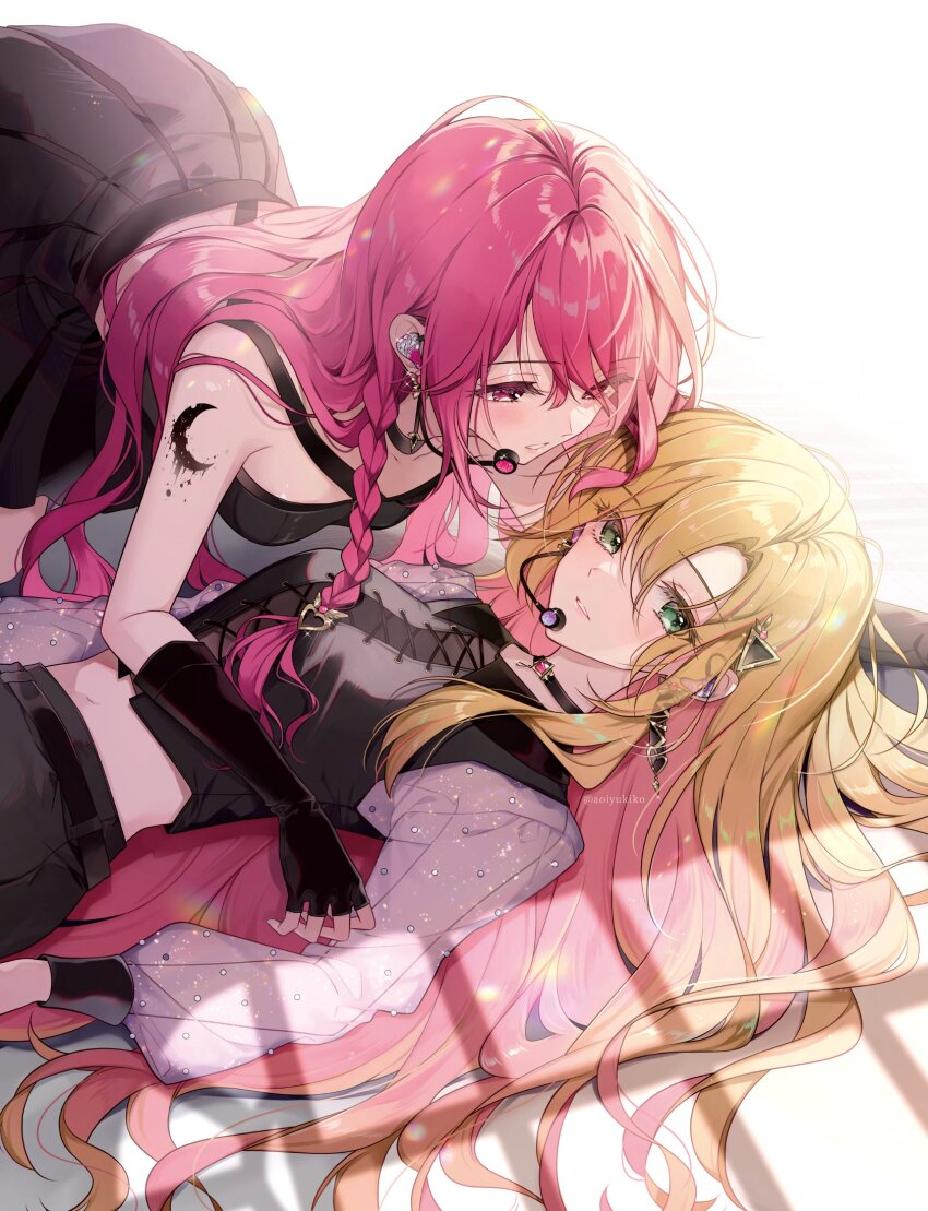 2girls arm_tattoo belt black_belt black_gloves black_shirt black_skirt blonde_hair braid character_request commentary_request copyright_request crescent_tattoo elbow_gloves fingerless_gloves girl_on_top gloves green_eyes hair_between_eyes hair_ornament hair_spread_out headset heart heart_hair_ornament highres lace-up long_hair looking_at_another looking_at_viewer lying midriff multiple_girls navel on_back parted_lips pink_eyes pink_hair see-through_clothes shadow shirt side_braid skirt tattoo triangle_hair_ornament twitter_username very_long_hair window_shadow yukiko_(tesseract) yuri
