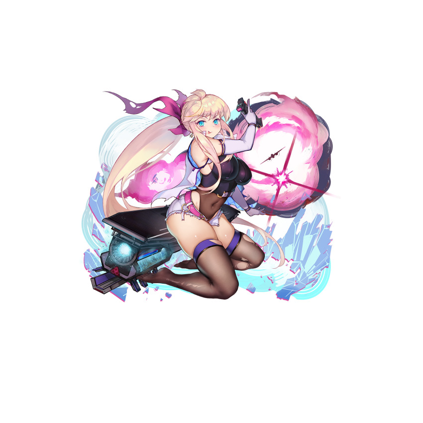 1girl aqua_eyes b-25_mitchell belt black_thighhighs blonde_hair bow breasts coat covered_navel crop_top earrings elbow_gloves full_body g.h_(gogetsu) gloves hair_bow highres hornet_(warship_girls_r) jewelry kneeling large_breasts long_hair looking_at_viewer official_alternate_costume official_art pink_belt pink_bow ponytail rigging short_shorts shorts sleeveless sleeveless_coat solo star_(symbol) star_earrings thighhighs tongue tongue_out torn_bow torn_clothes torn_coat torn_thighhighs transparent_background very_long_hair warship_girls_r white_coat white_gloves white_shorts
