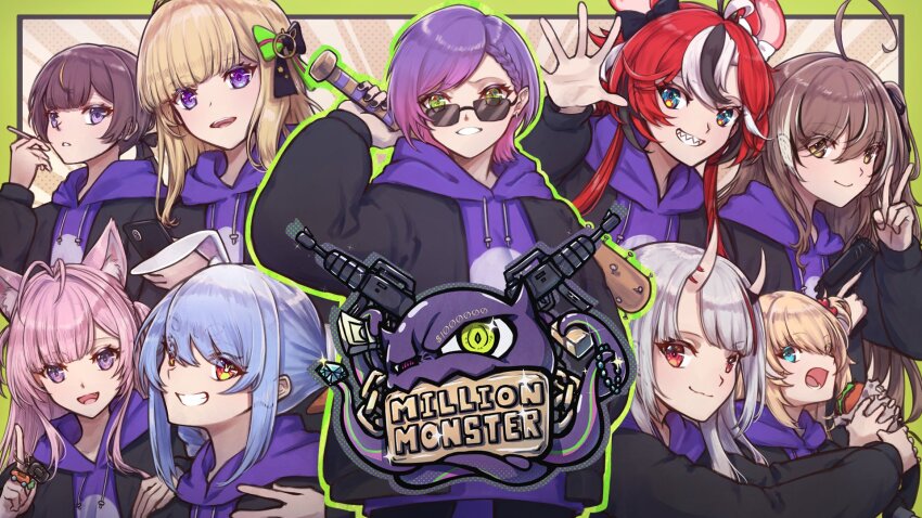 6+girls ahoge akai_haato aki_rosenthal animal_ears antenna_hair anya_melfissa assault_rifle baseball_bat bbyau_(yoyosobadgril) ben-day_dots black_bow black_jacket black_nails blonde_hair blue_eyes blue_hair bow brown_hair burger car_keys creature emphasis_lines food gem green_background green_bow green_eyes grin group_name gun hair_ornament hair_ribbon hakos_baelz hakui_koyori heart heart_hair_ornament highres holding holding_baseball_bat hololive hololive_english hololive_grand_theft_auto hololive_indonesia hood hoodie horns jacket logo long_hair mouse_ears mouse_girl multicolored_hair multiple_girls nail nail_(hardware) nail_bat nail_polish nakiri_ayame nanashi_mumei official_alternate_costume official_alternate_hairstyle one_side_up pink_hair purple_eyes purple_hair purple_hoodie rabbit_ears rabbit_girl red_eyes red_hair ribbon rifle screentones short_hair skin-covered_horns smile streaked_hair tokoyami_towa usada_pekora v very_long_hair virtual_youtuber waving weapon white_hair wolf_ears