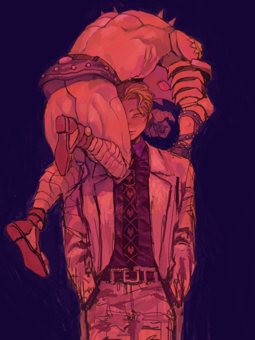 1boy 1other abs ass belt black_skirt blonde_hair blue_background claws collared_shirt diamond_wa_kudakenai highres jacket jojo_no_kimyou_na_bouken killer_queen kira_yoshikage limited_palette male_focus miniskirt muscular necktie sandals shirt short_hair simple_background skirt skull_print slit_pupils spikes stand_(jojo) suit_jacket user_xjny2857