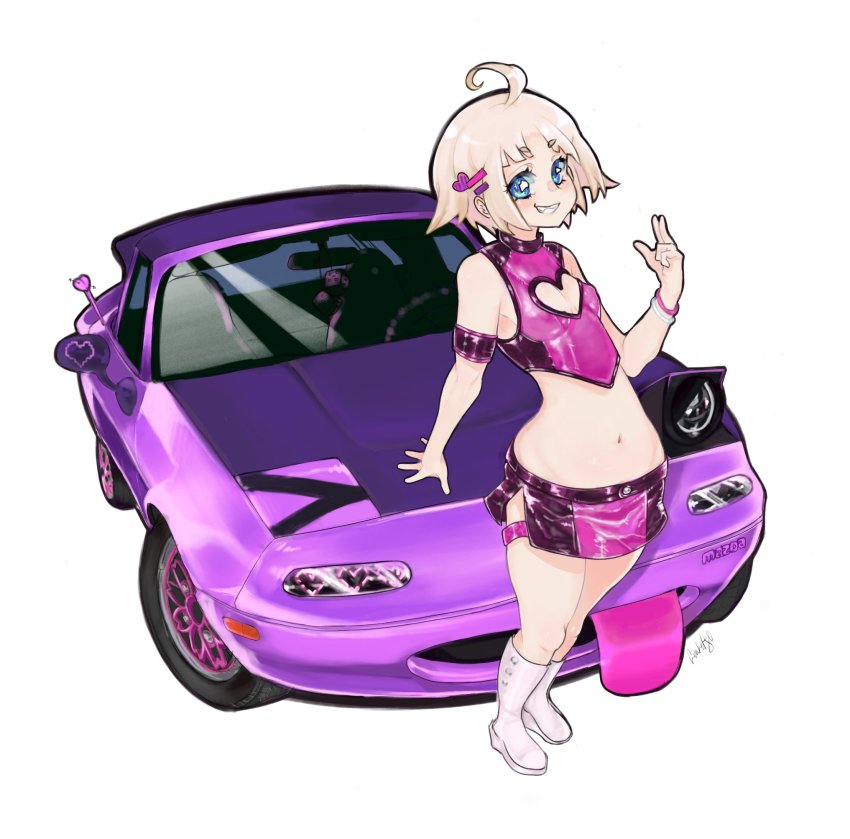 1girl ahoge blonde_hair blue_eyes breasts car cenketsu cleavage_cutout clothing_cutout crop_top dice eunos_roadster hair_ornament hairclip heart heart_hair_ornament highres looking_at_viewer mazda mazda_mx-5 mazda_mx-5_na miniskirt motor_vehicle navel original pop-up_headlights purple_skirt signature single_pop-up_headlight skirt smile solo vehicle_focus white_footwear