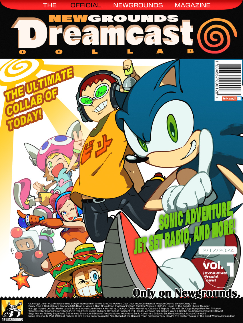2024 absurdres amigo amitie_(puyopuyo) animal_ears animal_nose barcode beanie beat_(jsr) black_pants blonde_hair blue_eyes blue_vest bomb bomberman bracelet commentary company_connection copyright_name cover crop_top english_commentary english_text explosive fake_magazine_cover game_console gloves goggles green-tinted_eyewear green_eyes grin hat headphones headset highres hood hooded_vest hoodie index_finger_raised inktaru instrument jet_set_radio jewelry legs_up lipstick looking_at_viewer magazine_cover makeup maracas microphone midair monkey navel newgrounds one_eye_closed orange_gloves orange_skirt orange_tank_top pants pink_hair pointing puyo_(puyopuyo) puyopuyo puyopuyo_fever red_footwear red_hair red_hat red_lips samba_de_amigo sega sega_dreamcast shirt short_hair shorts skirt smile sombrero sonic_(series) sonic_adventure sonic_the_hedgehog space_channel_5 spines spray_can sunburst swirl t-shirt tank_top tinted_eyewear twintails ulala v vest white_bomberman white_gloves yellow_shirt yellow_shorts