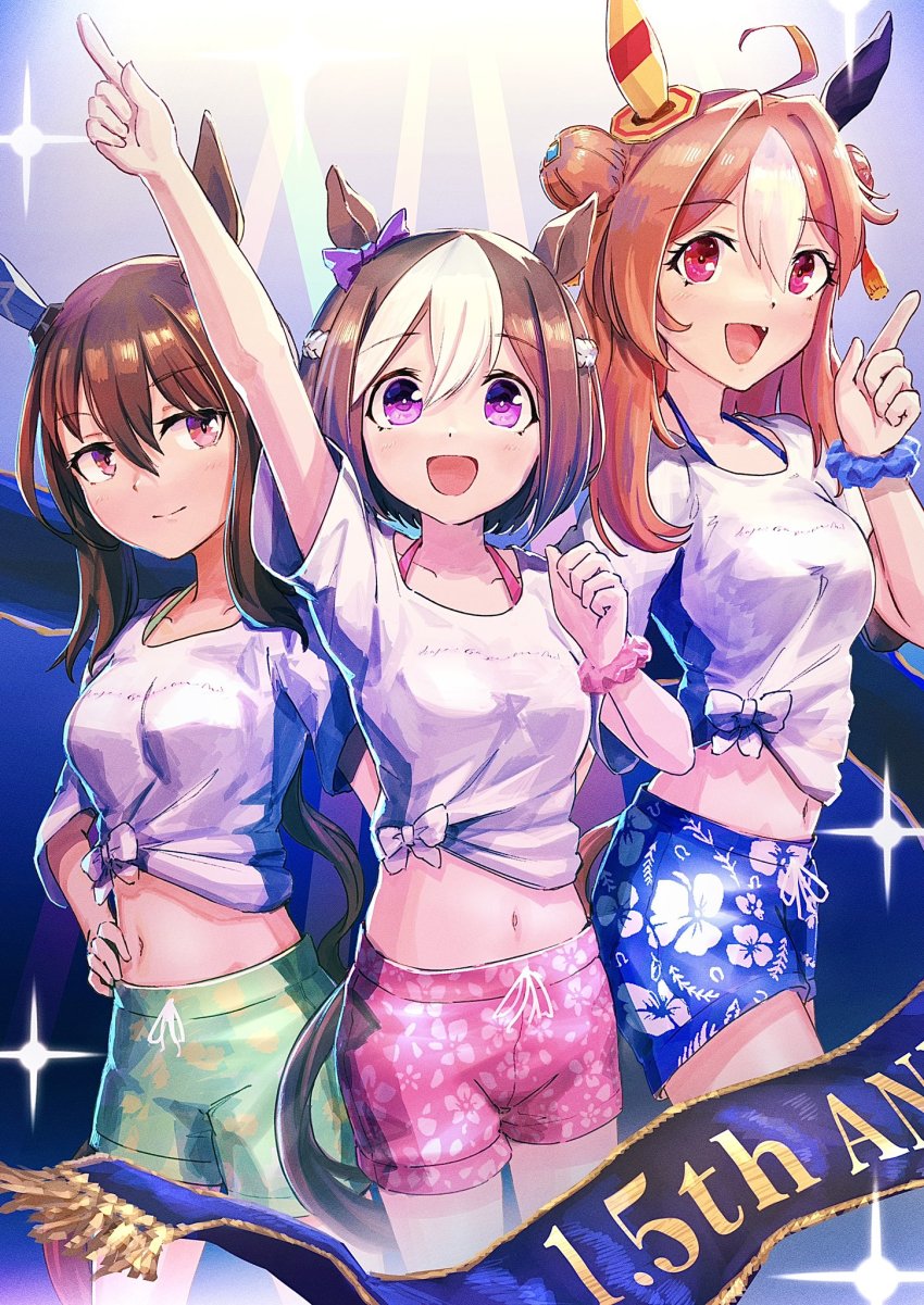3girls admire_vega_(umamusume) ahoge animal_ears anniversary arm_up artist_request blue_male_swimwear blue_swim_trunks bow breasts brown_hair copano_rickey_(umamusume) double_bun ear_bow feet_out_of_frame floral_print floral_swimsuit gaze_on_me!_outfit_(umamusume) green_male_swimwear green_swim_trunks hair_bun halterneck hand_on_own_hip hibiscus_print highres horse_ears index_finger_raised long_hair looking_at_viewer male_swimwear midriff multicolored_hair multiple_girls navel open_mouth orange_hair pink_eyes pink_male_swimwear pink_swim_trunks ponpochi print_male_swimwear print_swim_trunks print_swimsuit purple_eyes scrunchie shirt short_hair short_sleeves small_breasts smile sparkle special_week_(umamusume) standing swim_trunks swimsuit tied_shirt two-tone_hair umamusume white_shirt wrist_scrunchie