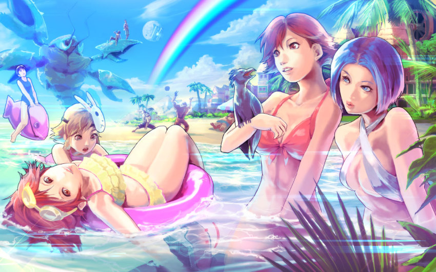 5girls 6+boys afloat animal_on_arm axton_(borderlands) bare_shoulders beach beach_volleyball bikini bird bird_on_arm blonde_hair blue_eyes blue_hair blz borderlands_(series) borderlands_2 breasts brick_(borderlands) brown_eyes claws cleavage cloud collarbone criss-cross_halter day fern fish frilled_bikini frills front-tie_top gaige goggles goggles_on_head halterneck innertube krieg large_breasts lilith_(borderlands) lying mask mask_on_head maya_(borderlands) monster moon mordecai_(borderlands) multiple_boys multiple_girls one-piece_swimsuit open_mouth outdoors palm_tree parted_lips partially_submerged patricia_tannis rainbow red_eyes red_hair riding salvador_(borderlands) short_hair sky slingshot_swimsuit smile son_of_crawmerax submerged swim_ring swimsuit talon_(borderlands) tanning teeth tiny_tina tree umbrella upside-down zer0