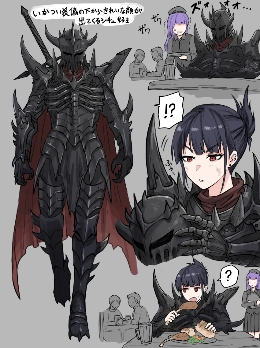 2boys 2girls ? absurdres armor beret black_armor black_hair blush bread cape chicken_(food) chicken_leg cup earrings fake_horns food fuku_(fuku12290574) hat helmet highres holding holding_food horned_helmet horns jewelry knight loaf_of_bread mug multiple_boys multiple_girls original plate ponytail purple_hair red_cape red_eyes salad short_ponytail spiked_armor spiked_gauntlets spiked_helmet spiked_pauldrons sword sword_on_back translated unworn_headwear weapon weapon_on_back