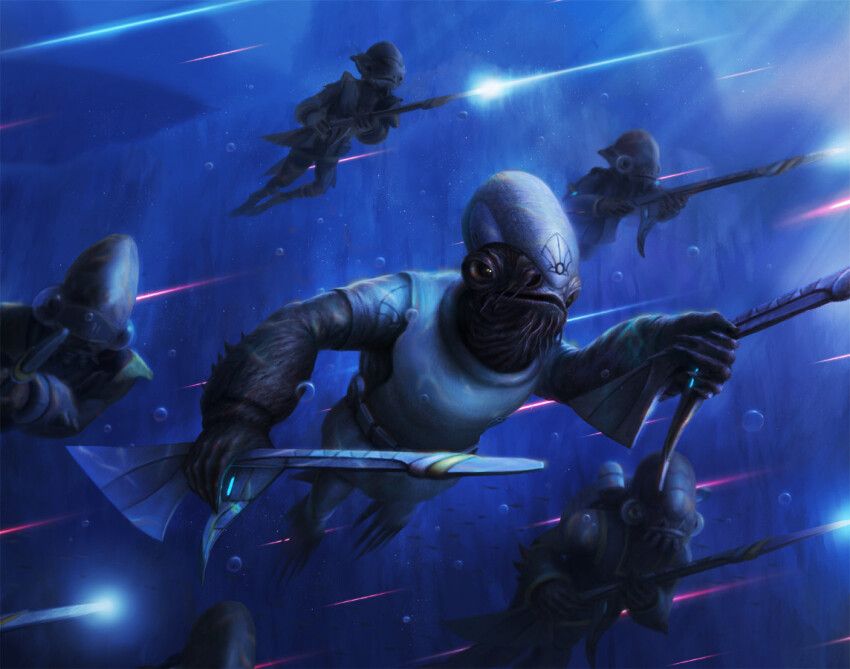6+boys air_bubble alexandr_elichev alien bubble gun holding holding_gun holding_weapon laser mon_calamari multiple_boys star_wars underwater weapon