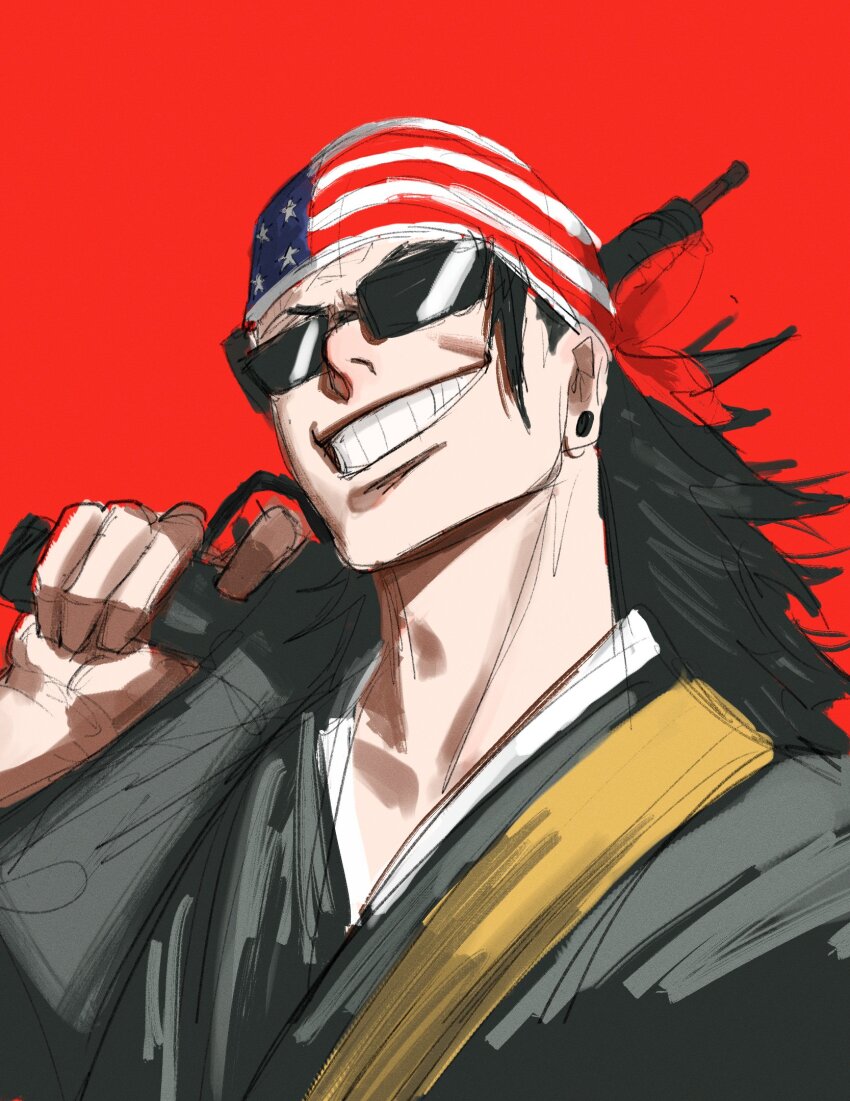 1boy american_flag american_flag_print battle_rifle black_hair black_kimono commentary english_commentary flag_print fourth_of_july getou_suguru getou_suguru_(kenjaku) grin gun highres japanese_clothes jujutsu_kaisen kesa kimono long_hair m14 male_focus open_mouth over_shoulder plug_(piercing) print_bandana rectangular_eyewear red_background rifle simple_background smile solo sunglasses teeth titann upper_body weapon weapon_over_shoulder