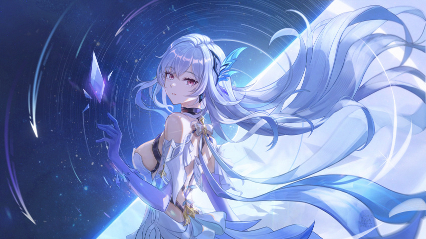 1girl back_fin backless_dress backless_outfit breasts bug butterfly dress floating_hair genshin_impact grey_hair hair_ornament highres insect long_hair looking_at_viewer looking_back manyu_chapaofan medium_breasts parted_lips prosthesis prosthetic_arm purple_eyes purple_hands skirk_(genshin_impact) solo upper_body variant_set white_dress