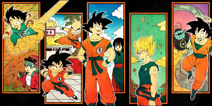 2girls 6+boys :d :o age_progression arena arms_at_sides bad_id bad_twitter_id bald baseball_cap black_background black_eyes black_hair blonde_hair blue_eyes blue_hair blue_sky blunt_bangs boots brick_wall brown_shorts building bulma character_name chi-chi_(dragon_ball) china_dress chinese_clothes clenched_hands clenched_teeth clothes_writing cloud cloudy_sky collarbone day dirt_road dougi dragon_ball dragon_ball_(classic) dragon_radar dragonball_z dress fighting_stance floating floating_hair flying flying_nimbus from_above from_side frown gradient_sky grass green_sky halo hand_in_pocket hand_up happy hat highres holding jacket kicking kuririn legs_apart looking_afar looking_at_another looking_down looking_up male_focus medium_hair messy_hair multiple_boys multiple_girls multiple_persona north_kaiou ruyi_jingu_bang open_clothes open_jacket open_mouth outdoors outline outside_border outstretched_arms palm_tree profile red_jacket road serious shirt shorts sidelocks simple_background sky smile snake_way son_goku spiked_hair standing straight_hair sunglasses super_saiyan super_saiyan_1 surprised teeth toritoki_(trig_tkdb) torn_clothes torn_shirt tree upper_teeth_only wall water white_outline white_shirt wristband