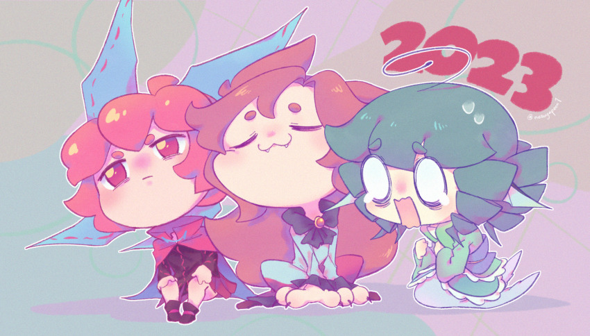 2023 :3 =_= animal_ears bags_under_eyes black_shirt blank_eyes blue_bow blue_hair bow chibi chibi_only cloak closed_eyes closed_mouth commentary_request drill_hair drill_sidelocks fangs fins full_body grass_root_youkai_network green_kimono grey_shirt guuchama hair_bow happy_new_year head_fins highres imaizumi_kagerou japanese_clothes kimono long_hair mermaid monster_girl new_year open_mouth quad_drills red_cloak red_eyes red_hair red_skirt ribbon-trimmed_bow ribbon_trim sekibanki shirt short_hair sidelocks sitting skirt smile thick_eyebrows touhou wakasagihime wolf_ears wolf_girl