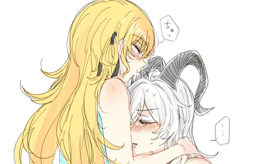 2girls blonde_hair blush closed_eyes commentary_request hand_on_another&#039;s_shoulder highres horns long_hair multiple_girls phoebe_(wuthering_waves) simple_background speech_bubble sweat translation_request white_background white_hair wuthering_waves yuri yurikure4 zani_(wuthering_waves)