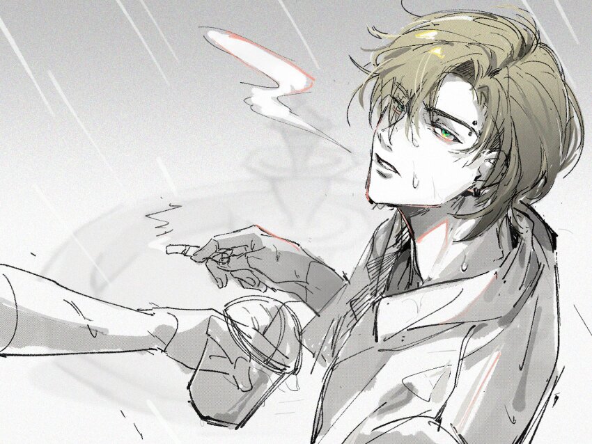 1boy 1other akitaki_kwii blonde_hair cigarette collared_shirt cup degrees_of_lewdity disposable_cup earrings eyebrow_piercing green_eyes highres holding holding_cigarette holding_cup jewelry male_focus out_of_frame piercing shirt short_hair smoking spot_color whitney_(degrees_of_lewdity) whitney_(male)_(degrees_of_lewdity)