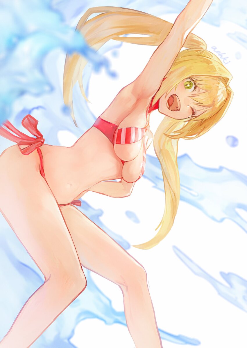1girl bikini blonde_hair breasts fate/grand_order fate_(series) green_eyes highres navel nero_claudius_(fate) nero_claudius_(swimsuit_caster)_(fate) open_mouth red_bikini small_breasts striped_bikini striped_clothes swimsuit tagme waterstaring