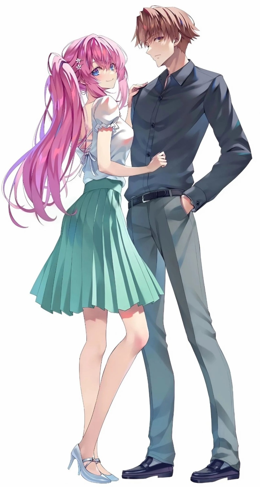 1boy 1girl ayanokouji_kiyotaka belt blazer blue_eyes blush breasts brown_eyes brown_hair closed_mouth comic_alive hair_ornament hand_in_pocket high_heels highres ichinose_honami_(youjitsu) jacket long_hair long_sleeves looking_at_viewer official_art pants pink_hair ponytail shirt short_hair short_sleeves skirt smile tomose_shunsaku youkoso_jitsuryoku_shijou_shugi_no_kyoushitsu_e
