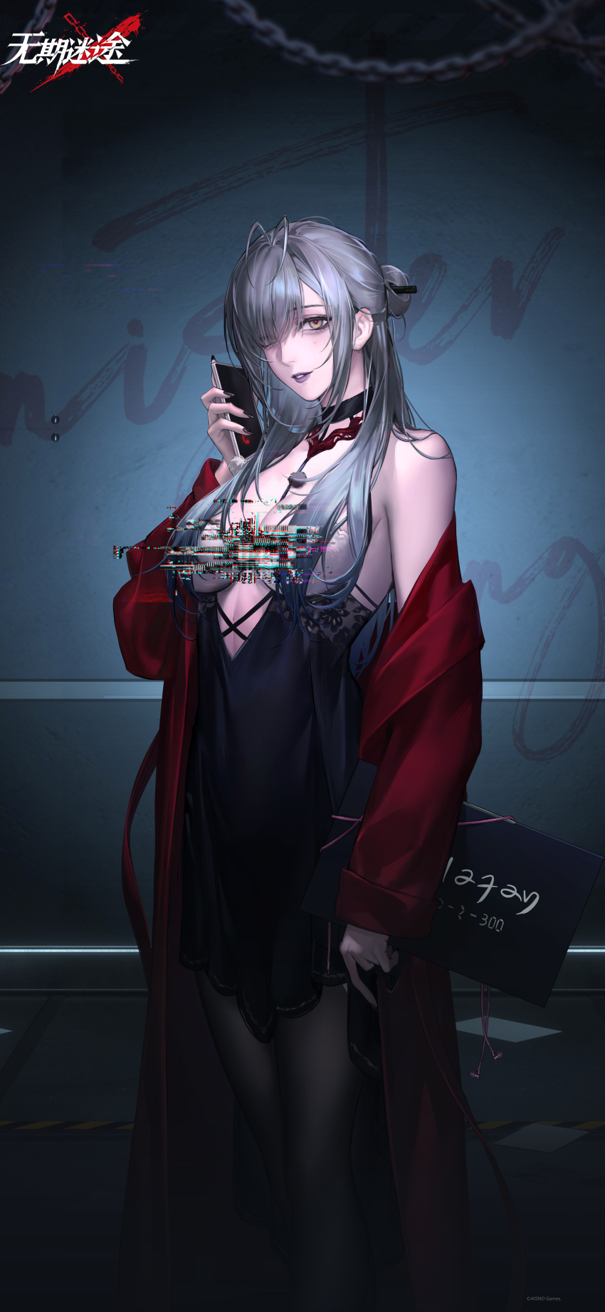 1girl absurdres against_wall antenna_hair bare_shoulders black_choker black_dress black_pantyhose blue_nails breasts cellphone censored chain character_name choker cleavage copyright_name dress eleven_(path_to_nowhere) eyes_visible_through_hair feet_out_of_frame glitch glitch_censor grey_hair hair_bun hair_over_one_eye hand_up highres holding holding_phone holding_sign indoors jacket logo long_hair looking_at_viewer medium_breasts mugshot off_shoulder official_art official_wallpaper pantyhose parted_lips path_to_nowhere phone plunging_neckline prison_clothes purple_lips red_jacket red_pupils short_dress sign sleeveless sleeveless_dress smartphone solo spaghetti_strap standing yellow_eyes