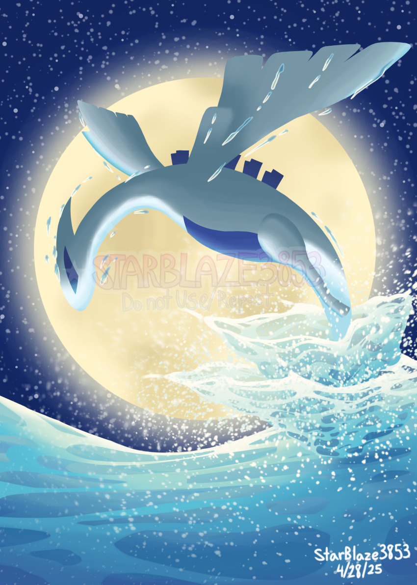 absurdres artist_logo dated gen_2_pokemon highres jumping legendary_pokemon logo lugia moon night night_sky nintendo pokemon pokemon_(creature) sky splashing starblaze3853 water watermark wet