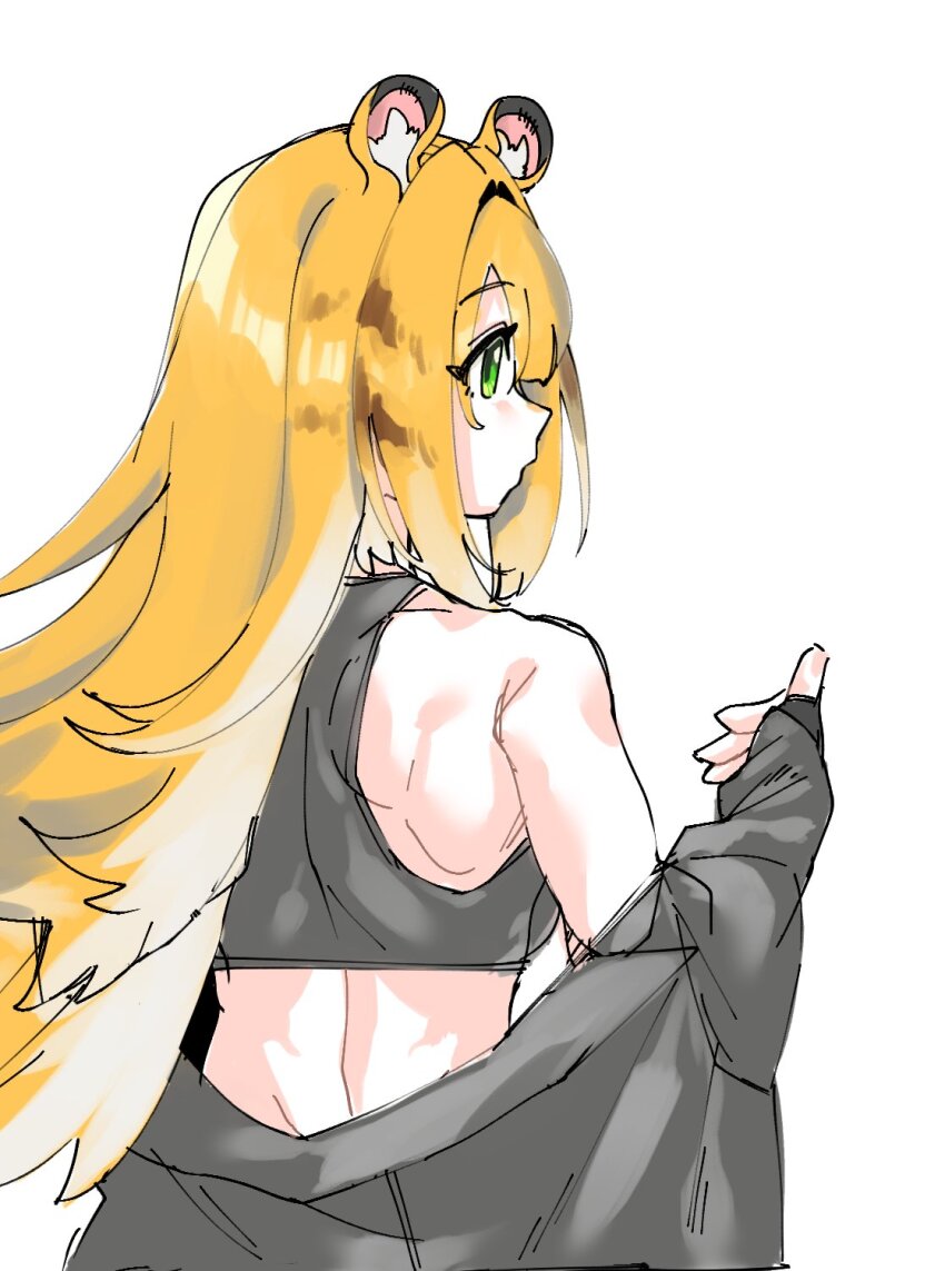 1girl animal_ears bare_shoulders black_jacket black_sports_bra blonde_hair from_behind green_eyes highres jacket ju_fufu long_hair looking_to_the_side off_shoulder open_clothes open_jacket shima_(wideshi_ma) simple_background solo sports_bra tiger_ears tiger_girl toned toned_female very_long_hair white_background zenless_zone_zero