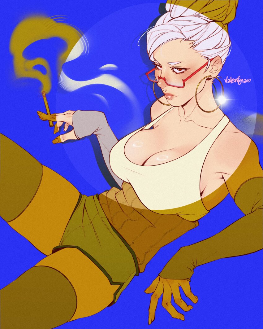 1girl absurdres artist_name ayase_seiko beehive_hairdo blue_background cigarette commentary dandadan earrings english_commentary glasses highres hoop_earrings jewelry mature_female red-framed_eyewear shorts smoke smoke_trail solo tall_hair valentina_tavolilla