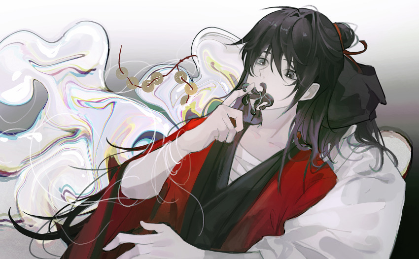 2boys aaawwwssslll bandaged_chest black_eyes black_hair black_hanfu black_hat chinese_clothes chinese_commentary coat collarbone covered_mouth creature dao_gui_yi_xian gradient_background grey_background hair_between_eyes hair_bun hair_ribbon half_updo hand_up hanfu hat highres hug hug_from_behind jin_(headwear) li_huowang li_sui_(tentacles) long_hair long_sleeves looking_at_viewer male_focus mouth_hold multiple_boys red_coat red_ribbon ribbon robe saliva single_hair_bun solo string swirl tentacle_in_mouth upper_body white_background white_hanfu wide_sleeves yaoi zhouzi_jin_(headwear) zhuge_yuan