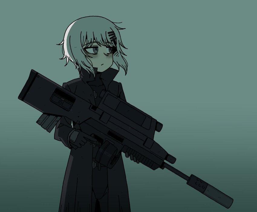 1girl airburst_grenade_launcher aqua_background aqua_eyes assault_rifle bags_under_eyes beta_c-mag black_bodysuit black_coat blush bodysuit bodysuit_under_clothes bullpup coat commentary computerized_scope cowboy_shot drum_magazine english_commentary exhausted extended_barrel floating_hair gradient_background grenade_launcher gun hair_ornament hairclip heckler_&amp;_koch high-capacity_magazine holding holding_gun holding_weapon jaggy_lines karepack looking_ahead magazine_(weapon) marie_(peripeteia) modular_weapon_system multi-weapon multiple-barrel_gun open_clothes open_coat peripeteia precision-guided_firearm rifle scope semi-automatic_grenade_launcher short_hair sidelighting sidelocks smart_scope solo standing suppressor three_quarter_view transforming_weapon trench_coat under-barrel_configuration underbarrel_assault_rifle underbarrel_rifle weapon white_hair xm104_(smart_scope) xm29_oicw