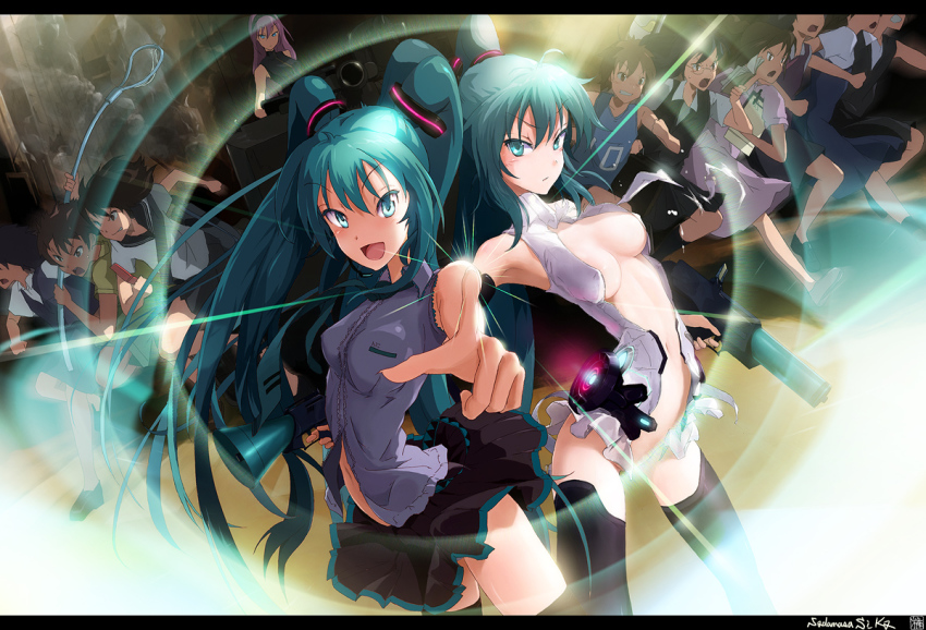 2girls aqua_eyes aqua_hair armpits bare_shoulders black_thighhighs breasts cleavage dual_persona glasses hatsune_miku hatsune_miku_(append) letterboxed long_hair looking_at_viewer medium_breasts megaphone megurine_luka multiple_boys multiple_girls navel open_mouth pointing running shiika_sadamasa skirt thighhighs twintails vocaloid vocaloid_append