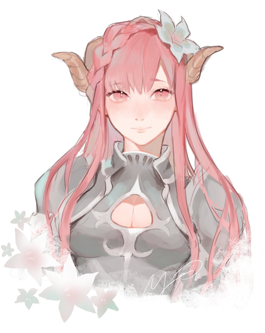 1girl absurdres armor braid cleavage_cutout clothing_cutout curled_horns flower hair_flower hair_ornament highres horns lily_(flower) long_hair looking_at_viewer original pink_eyes pink_hair simple_background smile solo upper_body white_background yoimon