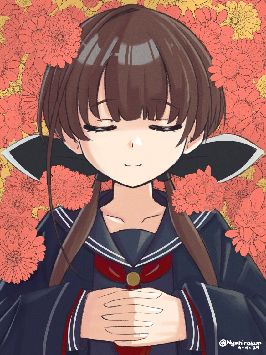 1girl absurdres artist_name black_serafuku brown_hair chrysanthemum closed_eyes commentary dated english_commentary flower funeral hands_on_own_chest highres interlocked_fingers long_hair long_sleeves low_twintails lying neckerchief nyahiro ohitome_kohane on_back orange_flower own_hands_together project_kv red_flower red_neckerchief sailor_collar school_uniform serafuku smile solo twintails twitter_username upper_body wide_sleeves