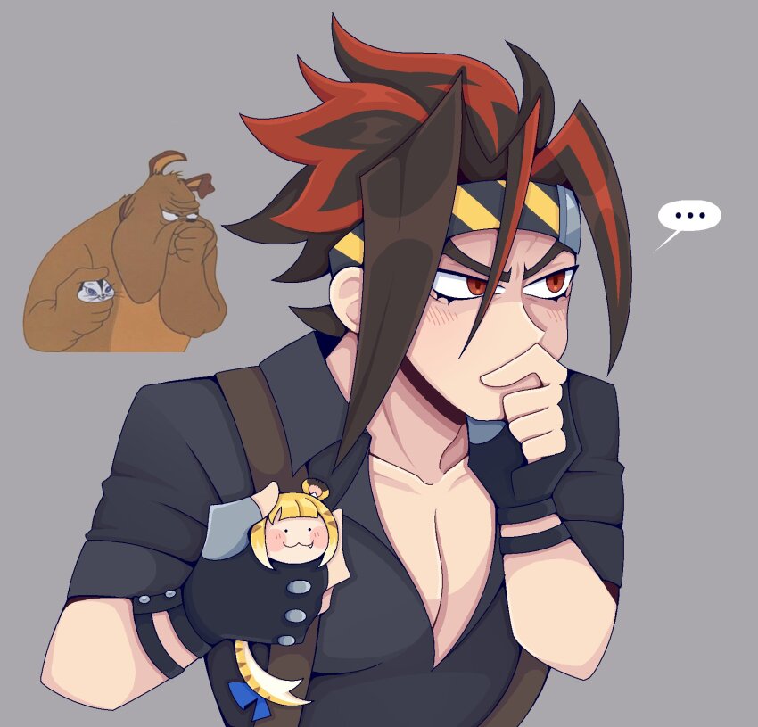 ... 1boy 1girl :3 animal_ears anton_ivanov black_shirt blush_stickers brown_hair commentary covering_own_mouth english_commentary fang fang_out grey_background hand_on_own_chin hand_over_own_mouth headband highres holding holding_mini_person ju_fufu lady_beemer looking_to_the_side mini_person minigirl multicolored_hair parody partially_shaded_face red_eyes red_hair reference_inset scene_reference shirt short_hair short_sleeves simple_background size_difference smile spoken_ellipsis suspenders tail thinking tiger_ears tiger_girl tiger_tail tom_and_jerry two-tone_hair upper_body v-shaped_eyebrows zenless_zone_zero