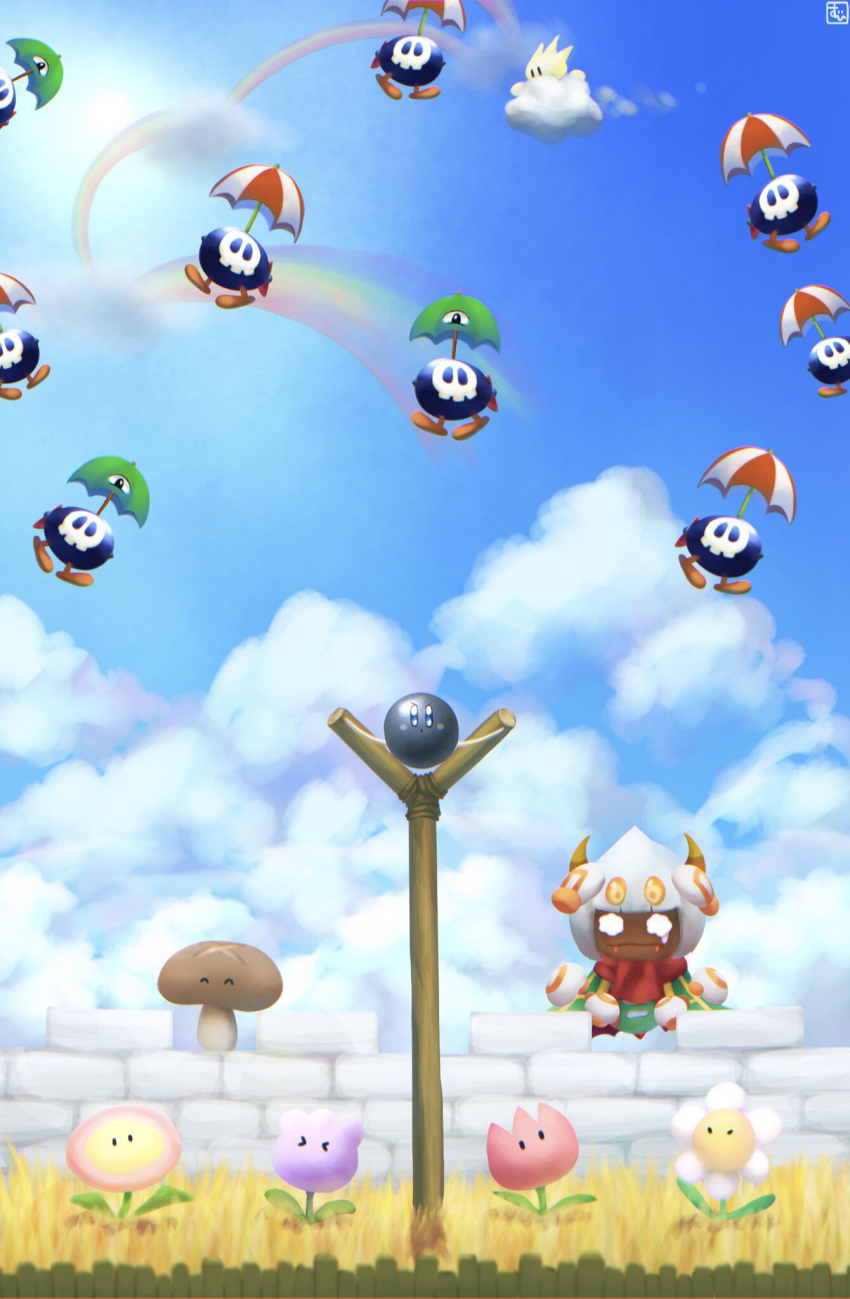 &gt;_&lt; 1boy blue_sky bob_cut bomber_(kirby) cape cloud day drifter_(kirby) fangs fence geromazudake hands_on_own_head hibanamodoki highres kamuribana kirby kirby_(series) kogoesou mario_(series) minigame nervous new_super_mario_bros. nintendo parody rainbow rayman_limbs red_scarf scarf sky slingshot_(weapon) super_mario_64 super_mario_64_ds suyasuyabi taranza tearing_up tulip_(kirby) zoos_(kirby)