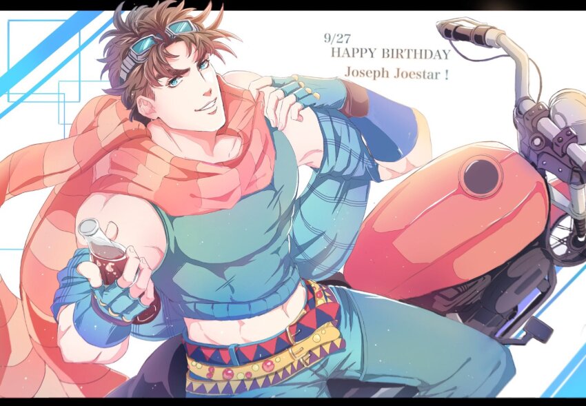 1boy battle_tendency belt blue_scarf brown_hair crop_top dated fingerless_gloves gloves goggles goggles_on_head green_eyes grin happy_birthday jojo_no_kimyou_na_bouken joseph_joestar joseph_joestar_(young) male_focus motor_vehicle motorcycle multicolored_scarf multiple_belts multiple_scarves orange_scarf r9exx scarf smile solo striped_clothes striped_scarf vertical-striped_clothes vertical-striped_scarf