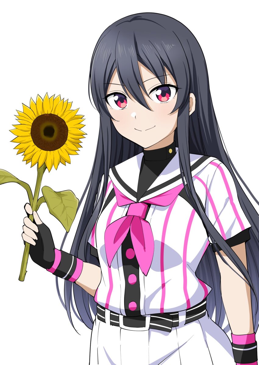 1girl barkhorn0331 baseball_uniform belt belt_buckle black_belt black_gloves black_hair black_undershirt buckle cinderella_series closed_mouth cowboy_shot fingerless_gloves flower gloves hachigatsu_no_cinderella_nine hair_between_eyes hair_down highres holding holding_flower long_hair looking_at_viewer neckerchief pink_neckerchief pleated_skirt red_eyes sailor_collar satogahama_baseball_uniform shinonome_ryo shirt shirt_under_shirt short_sleeves sidelocks simple_background skirt smile solo sportswear standing striped_belt striped_clothes striped_shirt sunflower v-shaped_eyebrows vertical-striped_clothes vertical-striped_shirt very_long_hair white_background white_sailor_collar wristband