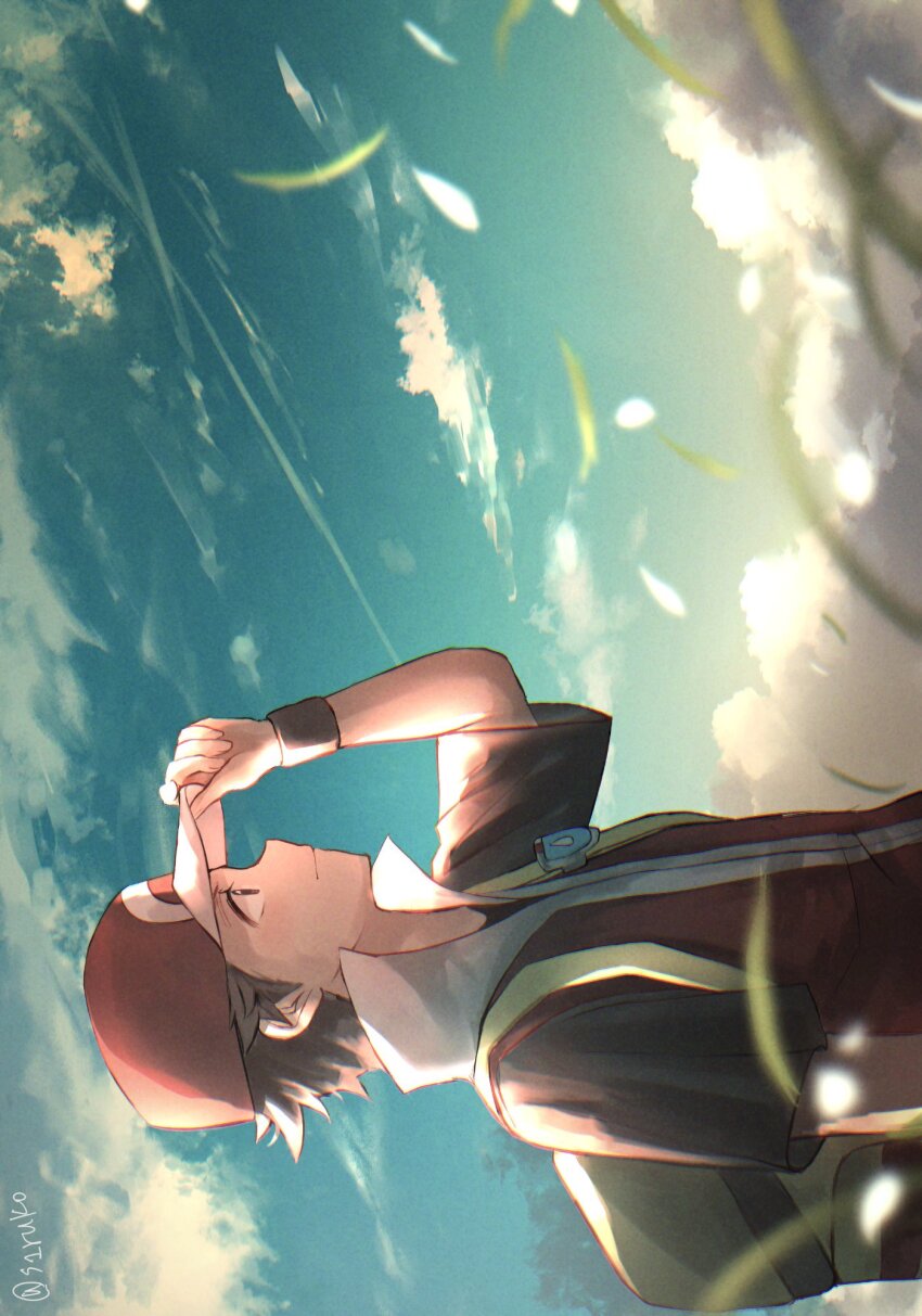 1boy blurry blurry_foreground closed_mouth cloud commentary day falling_leaves hand_on_headwear hat highres leaf male_focus nintendo outdoors pokemon pokemon_frlg popped_collar red_(pokemon) red_hat red_vest shiruko_(s1ruko) short_hair sky solo symbol-only_commentary upper_body vest vs_seeker wristband